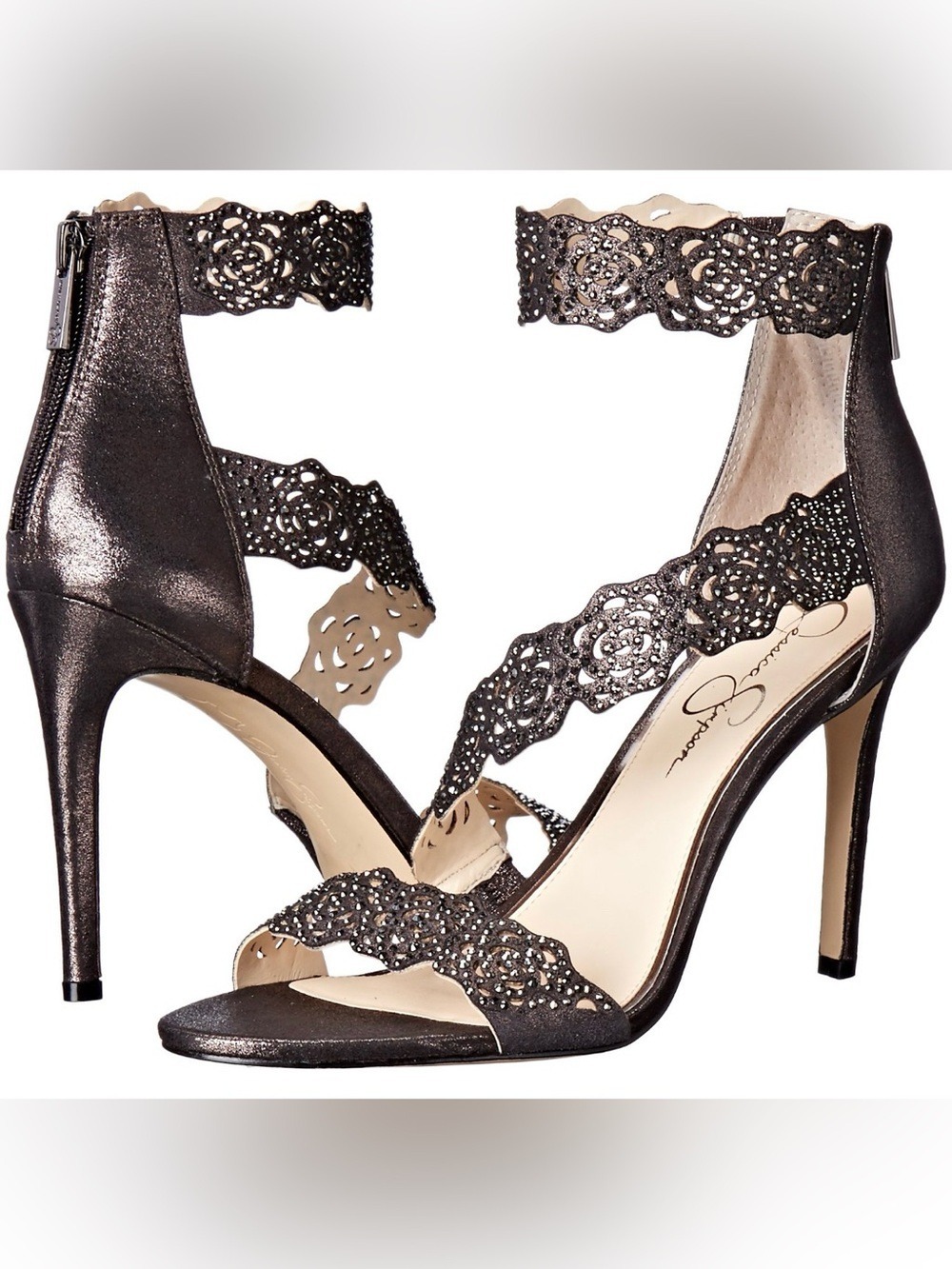 Jessica Simpson Gunmetal Geela Heels w/Asymmetrical Straps & Rhinestones-Sz 6.5